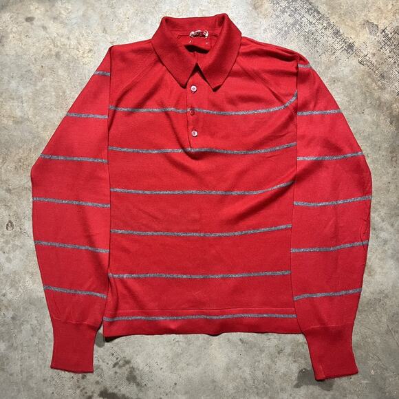 Vintage 60s Red Striped Acrylic Collared Polo Sweater - Picture 1 of 3